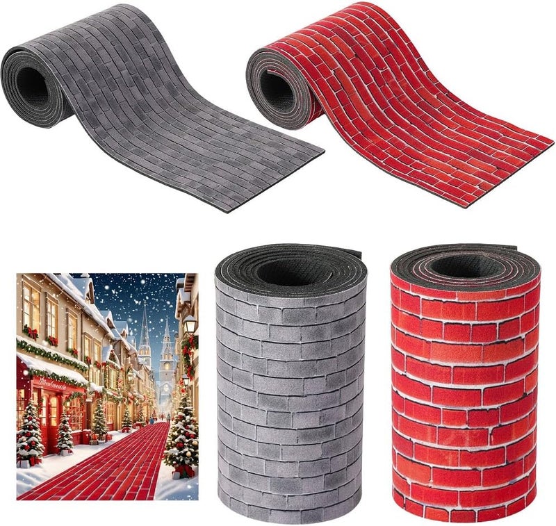 Lovyno 4 Pcs Christmas Village Red Brick Road, 47.2 x 4.7 Inch Miniature Street Landscape Roll, Cuttable Village Paths Road for Christmas Village Accessories-DIY Home Garden Street Decor - Image 1